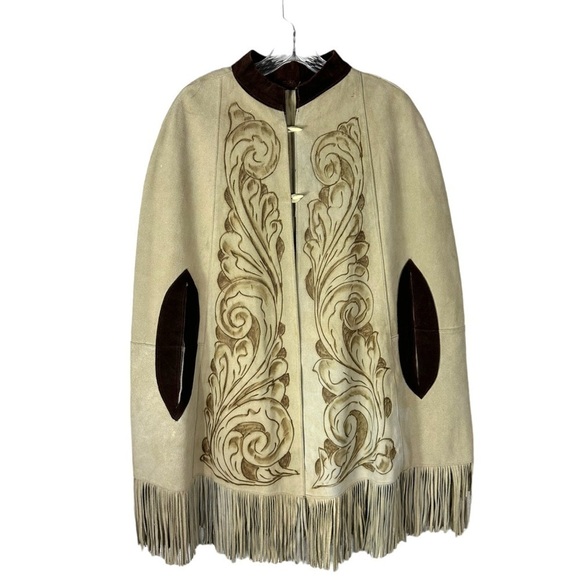 Suede Leather Vintage Cape Poncho Fringe Western - Picture 2 of 8